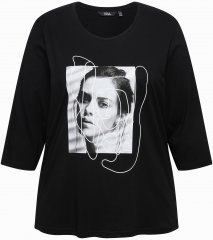 Ulla Popken Face 3/4 Sleeve Graphic Tee Black