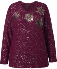 Ulla Popken Metallic Print Extra Soft Christmas Sweatshirt Dark Wine Red