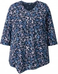 Ulla Popken Ribbon Print 3/4 Sleeve Asymmetric Tee Navy