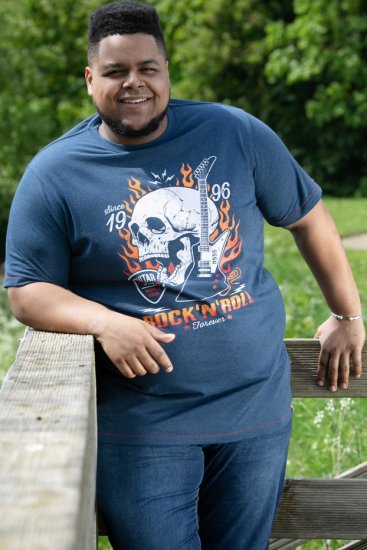 D555 NEAL Skull With Flames Printed Crew Neck T-Shirt Navy/Blue Twist - T-särgid - Suured T-särgid 2XL – 14XL