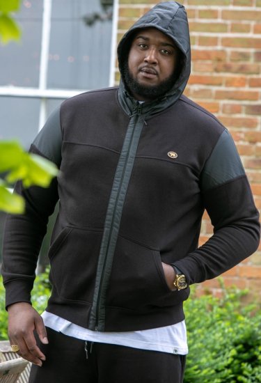 D555 DEAN Couture Zip Through Hoody With Woven Contrast Fabric Trim Black - Sviitrid ja dressipluusid - Meeste suured kapuutsiga jakid suurustes 2XL – 14XL