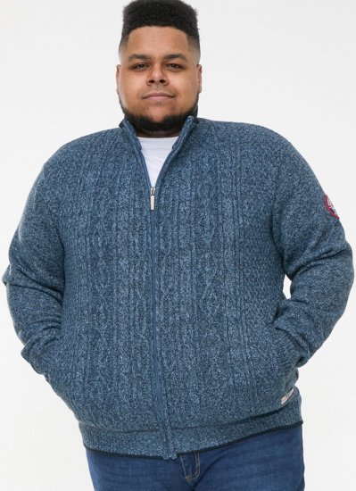 D555 ECCLES Cable Knitted Zip Through Sweater With Bonded Check Lining Denim Marl - Sviitrid ja dressipluusid - Meeste suured kapuutsiga jakid suurustes 2XL – 14XL