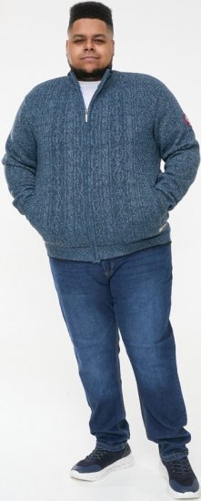 D555 ECCLES Cable Knitted Zip Through Sweater With Bonded Check Lining Denim Marl - Sviitrid ja dressipluusid - Meeste suured kapuutsiga jakid suurustes 2XL – 14XL