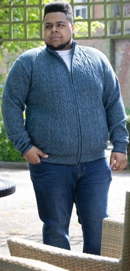 D555 ECCLES Cable Knitted Zip Through Sweater With Bonded Check Lining Denim Marl - Sviitrid ja dressipluusid - Meeste suured kapuutsiga jakid suurustes 2XL – 14XL