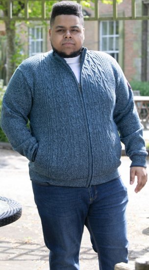D555 ECCLES Cable Knitted Zip Through Sweater With Bonded Check Lining Denim Marl - Sviitrid ja dressipluusid - Meeste suured kapuutsiga jakid suurustes 2XL – 14XL