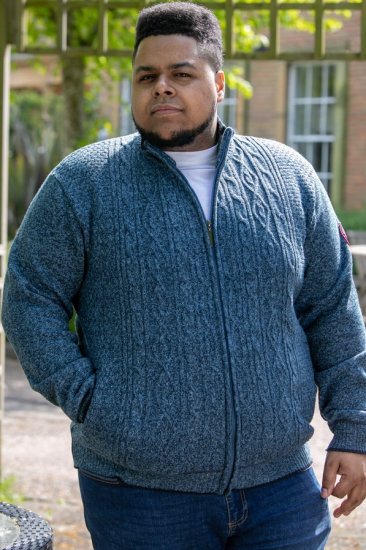 D555 ECCLES Cable Knitted Zip Through Sweater With Bonded Check Lining Denim Marl - Sviitrid ja dressipluusid - Meeste suured kapuutsiga jakid suurustes 2XL – 14XL