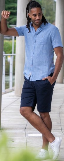 D555 Falmouth 1 Linen Mix Short Sleeve Shirt With Button Down Blue - Särgid - Meeste suured särgid 2XL – 8XL