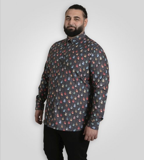 D555 Wakefield Long Sleeve AOP Guitar Printed Shirt Grey - Särgid - Meeste suured särgid 2XL – 8XL