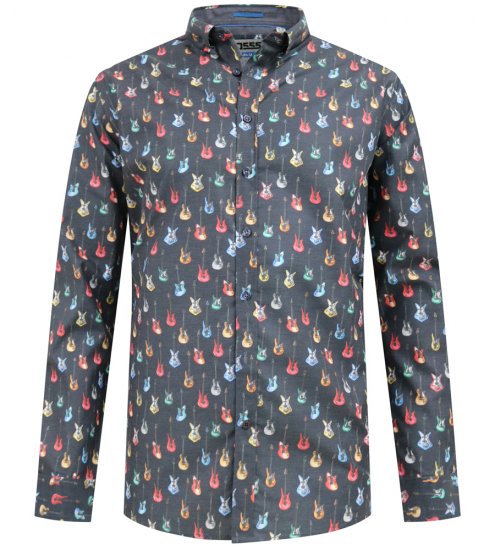 D555 Wakefield Long Sleeve AOP Guitar Printed Shirt Grey - Särgid - Meeste suured särgid 2XL – 8XL