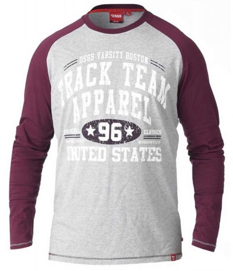D555 KELTON Long Sleeve Raglan T-Shirt Grey/Burgundy - T-särgid - Suured T-särgid 2XL – 14XL