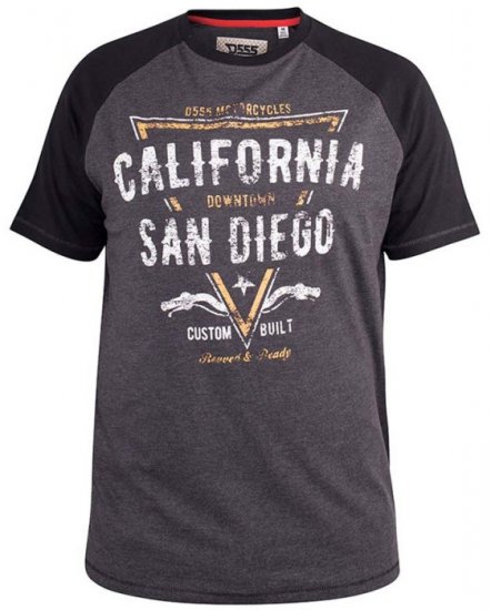 D555 Lismore Raglan Sleeve San Diego Printed T-Shirt Charcoal - T-särgid - Suured T-särgid 2XL – 14XL