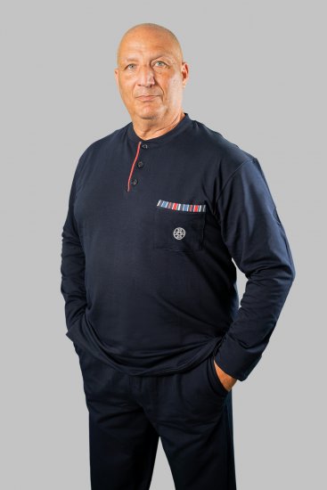 20 Nodi Long Pajamas in Stretch Fleece Cotton with Serafino Collar and Jacket with Pocket and Side Slits Navy - Pidžaama/Loungewear - Meeste Pidžaamad Suured Suurused