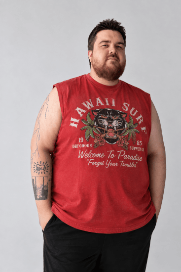 Kam Jeans 5763 Hawaii Surf Vest Sleeveless T-Shirt Washed Red - T-särgid - Suured T-särgid 2XL – 14XL