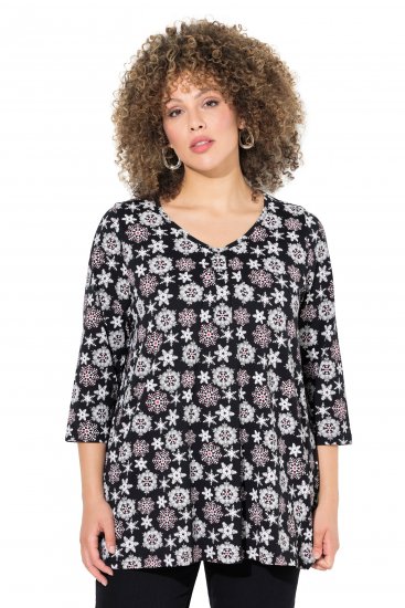 Ulla Popken Snowflake Print 3/4 Sleeve A-Line Tee Black - Trükitud/pildiga T-särgid naistele - 