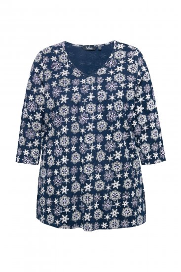 Ulla Popken Snowflake Print 3/4 Sleeve A-Line Tee Navy - Trükitud/pildiga T-särgid naistele - 