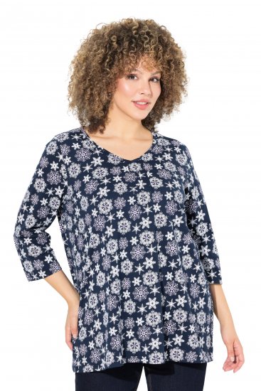 Ulla Popken Snowflake Print 3/4 Sleeve A-Line Tee Navy - Trükitud/pildiga T-särgid naistele - 