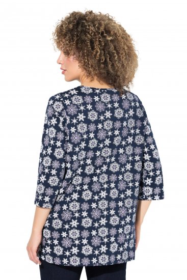 Ulla Popken Snowflake Print 3/4 Sleeve A-Line Tee Navy - Trükitud/pildiga T-särgid naistele - 