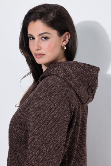 Ulla Popken 853577 Kapuutsi ja trükiga kootud fliisjope Mahagonipruun - Fleece riided - 