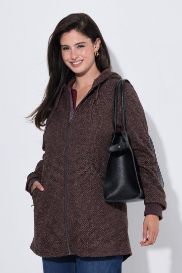 Ulla Popken 853577 Kapuutsi ja trükiga kootud fliisjope Mahagonipruun - Fleece riided - 
