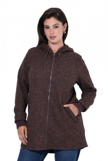 Ulla Popken 853577 Kapuutsi ja trükiga kootud fliisjope Mahagonipruun - Fleece riided - 