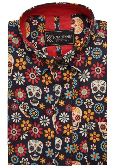 Kam Jeans 6040 Floral Skull Print Shirt Black - Särgid - Meeste suured särgid 2XL – 8XL