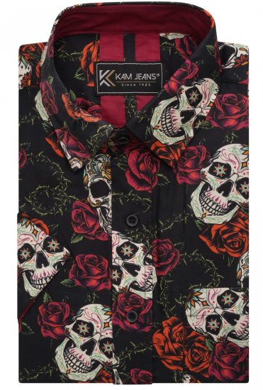 Kam Jeans 6042 Rose Skull Digital Print Shirt Black - Särgid - Meeste suured särgid 2XL – 8XL