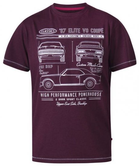 D555 Brady Classic Cars Crew Neck T-Shirt Burgundy - T-särgid - Suured T-särgid 2XL – 14XL