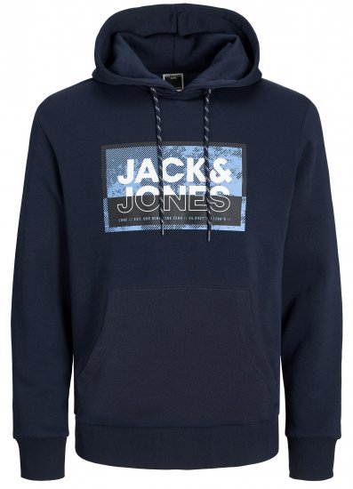 Jack & Jones JCOLOGAN SS24 PRINT Hoodie Navy Blazer - Sviitrid ja dressipluusid - Meeste suured kapuutsiga jakid suurustes 2XL – 14XL