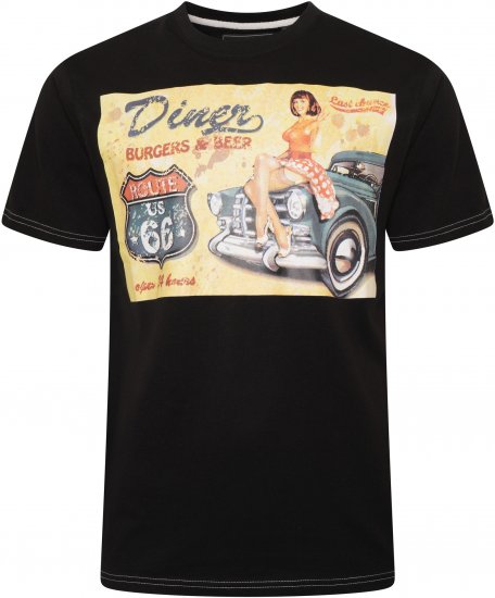 Kam Jeans 5751 Distressed Diners Print T-Shirt Black - T-särgid - Suured T-särgid 2XL – 14XL