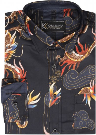 Kam Jeans 6057 LS Dragon Print Shirt Black - Särgid - Meeste suured särgid 2XL – 8XL