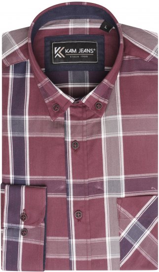 Kam Jeans P038 LS Premium Cotton Check Shirt Wine - Särgid - Meeste suured särgid 2XL – 8XL
