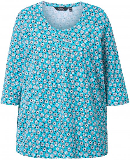 Ulla Popken Flower Print 3/4 Sleeve A-Line Tee Deep Aqua - Trükitud/pildiga T-särgid naistele - 