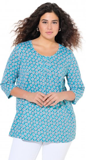 Ulla Popken Flower Print 3/4 Sleeve A-Line Tee Deep Aqua - Trükitud/pildiga T-särgid naistele - 