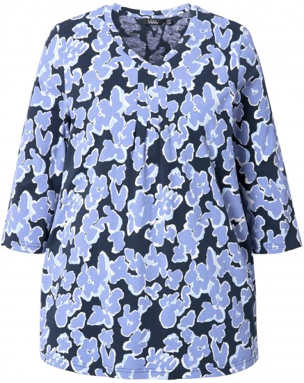 Ulla Popken Floral Print 3/4 Sleeve V-Neck Tee Navy Blue - Trükitud/pildiga T-särgid naistele - 