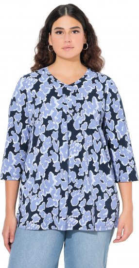 Ulla Popken Floral Print 3/4 Sleeve V-Neck Tee Navy Blue - Trükitud/pildiga T-särgid naistele - 