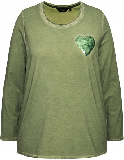 Ulla Popken Cold Dyed Sequined Heart Long Sleeve Tee Sage Green - Trükitud/pildiga T-särgid naistele - 