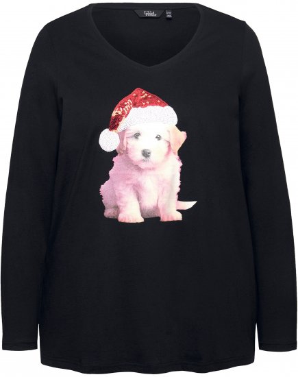 Ulla Popken Puppy Graphic Christmas Long Sleeve T-Shirt Black - T-särgid - 