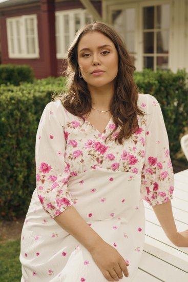 Kaffe Curve Rosa Midi Dress White Rose Border Flower - Kleidid - 