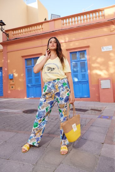 Ulla Popken Italy Print Elastic Waist Pants White - Teksad & Püksid Suuremates Suurustes – Plus Size - 