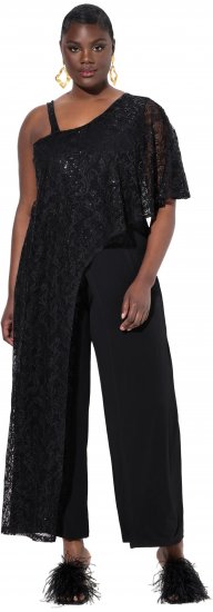 Ulla Popken Asymmetric Lace Panel Jumpsuit Black - Teksad & Püksid Suuremates Suurustes – Plus Size - 