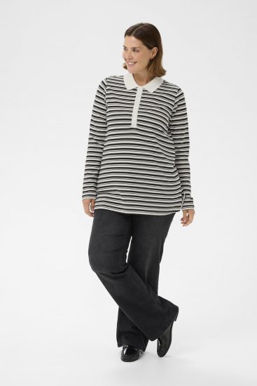 Kaffe Curve Miana Long Sleeve Polo Chalk with Black Stripe - Polosärgid - 