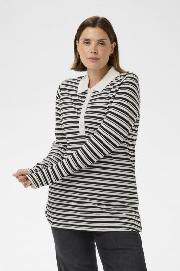Kaffe Curve Miana Long Sleeve Polo Chalk with Black Stripe - Polosärgid - 