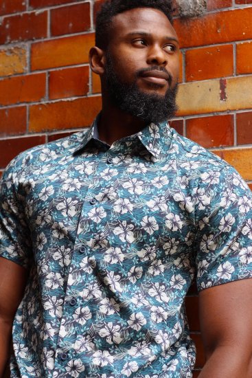 Kam Jeans 6061 Hibiscus Floral Print Short Sleeve Shirt Midnight Blue - Särgid - Meeste suured särgid 2XL – 8XL