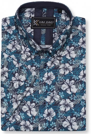 Kam Jeans 6061 Hibiscus Floral Print Short Sleeve Shirt Midnight Blue - Särgid - Meeste suured särgid 2XL – 8XL