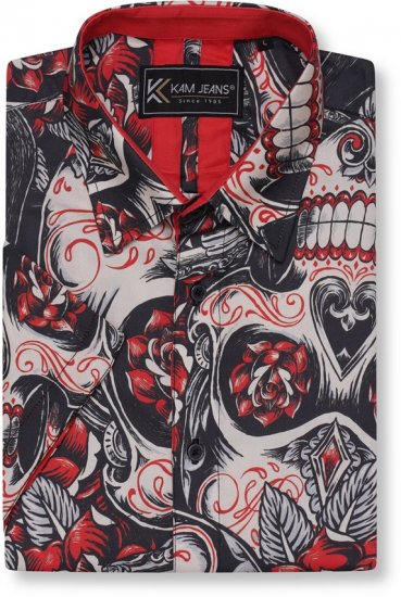Kam Jeans 6062 Skull And Roses Print Short Sleeve Shirt Black - Särgid - Meeste suured särgid 2XL – 8XL