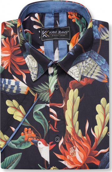 Kam Jeans 6066 Bird Print Short Sleeve Shirt Navy - Särgid - Meeste suured särgid 2XL – 8XL