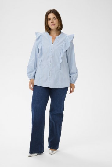 Kaffe Curve Lenia Flounce Shirt Powder Blue Stripe - Triiksärgid - 