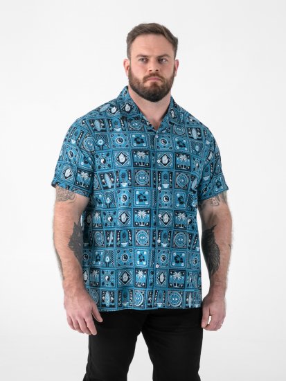 D555 Hawkins Printed Cuban Collar Resort Short Sleeve Shirt Teal - Särgid - Meeste suured särgid 2XL – 8XL