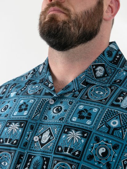 D555 Hawkins Printed Cuban Collar Resort Short Sleeve Shirt Teal - Särgid - Meeste suured särgid 2XL – 8XL
