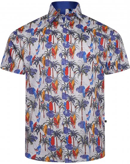 Kam Jeans 6060 Palm Tree and Surf Boards Short Sleeve Shirt White - Särgid - Meeste suured särgid 2XL – 8XL